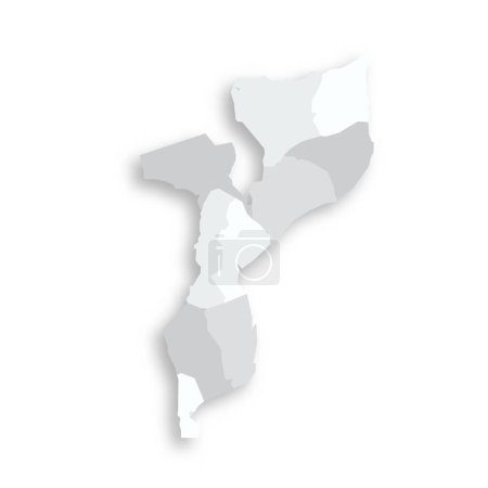 Mozambique political map of administrative divisions - provinces and capital city of Maputo. Grey blank flat vector map with dropped shadow.