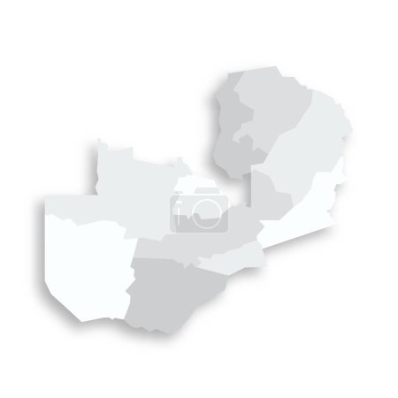 Zambie carte politique des divisions administratives - provinces. Carte vectorielle plate vide grise avec ombre portée.