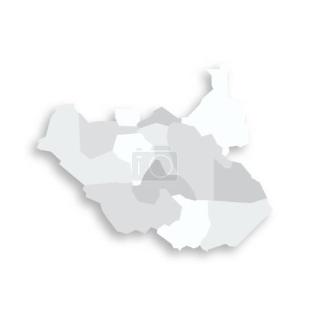 South Sudan political map of administrative divisions - states, administrative areas and area with special administrative status. Grey blank flat vector map with dropped shadow.