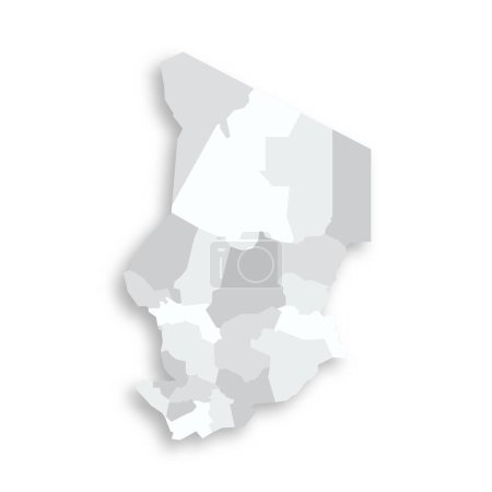 Carte politique tchadienne des divisions administratives - régions. Carte vectorielle plate vide grise avec ombre portée.