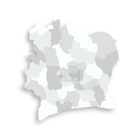 Ivory Coast political map of administrative divisions - regions and autonomous districts. Grey blank flat vector map with dropped shadow.