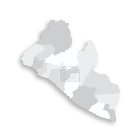 Liberia mapa político de las divisiones administrativas - condados. Gris mapa vectorial plano en blanco con sombra caída.