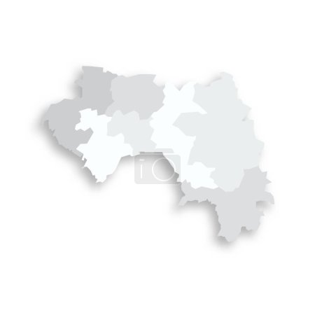 Guinea mapa político de las divisiones administrativas - regiones. Gris mapa vectorial plano en blanco con sombra caída.
