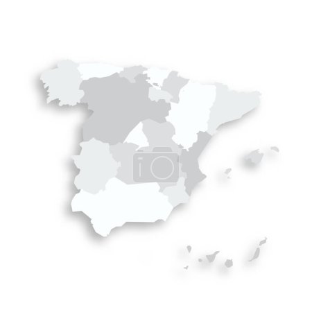 Spanien politische Landkarte der Verwaltungseinheiten - autonome Gemeinschaften und autonome Städte von Ceuta und Melilla. Graue leere flache Vektorkarte mit fallendem Schatten.