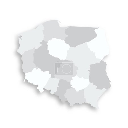 Polen politische Landkarte der administrativen Teilungen - Woiwodschaften. Graue leere flache Vektorkarte mit fallendem Schatten.