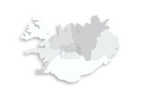 Island politische Landkarte der administrativen Teilungen - Regionen. Graue leere flache Vektorkarte mit fallendem Schatten.