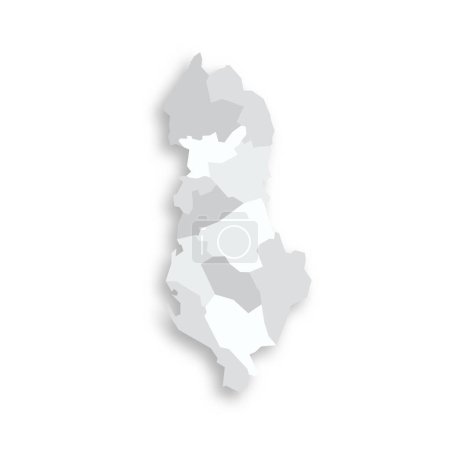 Albanien politische Landkarte der Verwaltungseinheiten - Landkreise. Graue leere flache Vektorkarte mit fallendem Schatten.