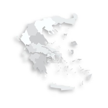 Greece political map of administrative divisions - decentralized administrations and autonomous monastic state of Mount Athos. Grey blank flat vector map with dropped shadow.