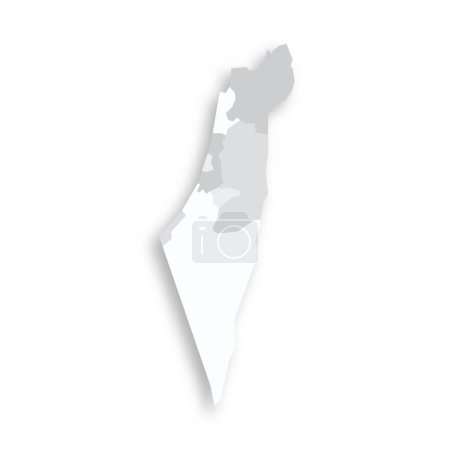 Israel politische Landkarte der Verwaltungseinheiten - Bezirke, Gazastreifen und Gebiet Judäa und Samarien. Graue leere flache Vektorkarte mit fallendem Schatten.