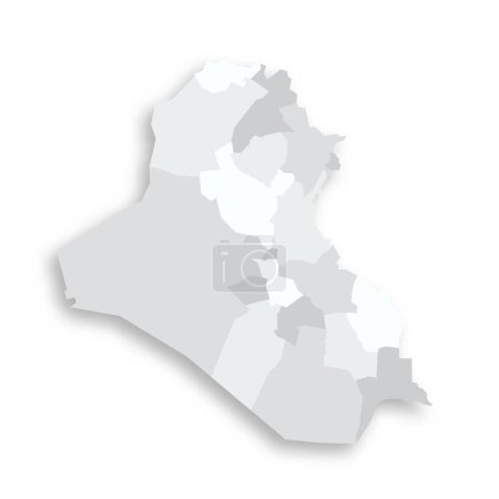 Carte politique irakienne des divisions administratives - gouvernorats et région du Kurdistan. Carte vectorielle plate vide grise avec ombre portée.