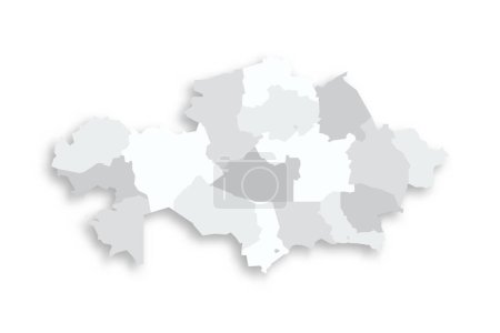 Kazajstán mapa político de las divisiones administrativas regiones y ciudades con derechos regionales y ciudad de importancia república Baikonur. Gris mapa vectorial plano en blanco con sombra caída.