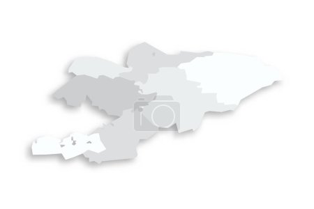 Carte politique kirghize des divisions administratives - régions et villes indépendantes de Bichkek et Osh. Carte vectorielle plate vide grise avec ombre portée.