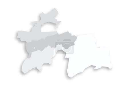 Tajikistan political map of administrative divisions - regions, autonomous region of Gorno-Badakhshan, districts of Republican Subordination and capital city of Dushanbe. Grey blank flat vector map