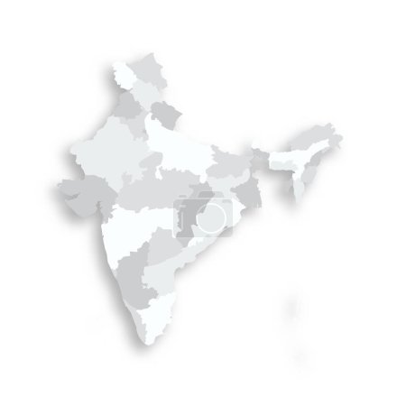 Indiens politische Landkarte der administrativen Teilungen - Staaten und Unionsteritorries. Graue leere flache Vektorkarte mit fallendem Schatten.