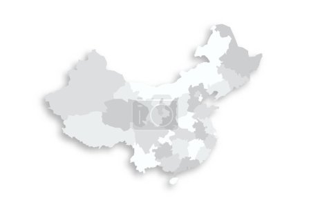 Carte politique chinoise des divisions administratives - provinces, régions autonomes et municipalités. Carte vectorielle plate vide grise avec ombre portée.
