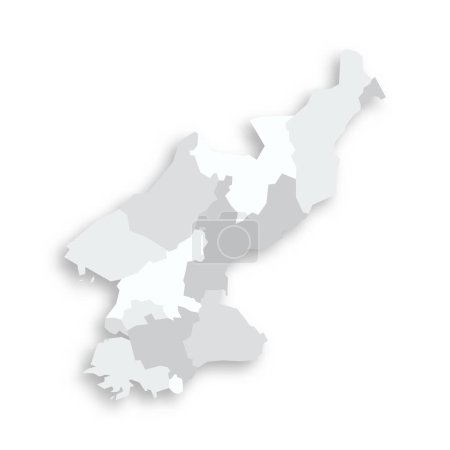Carte politique des divisions administratives de la Corée du Nord - provinces. Carte vectorielle plate vide grise avec ombre portée.