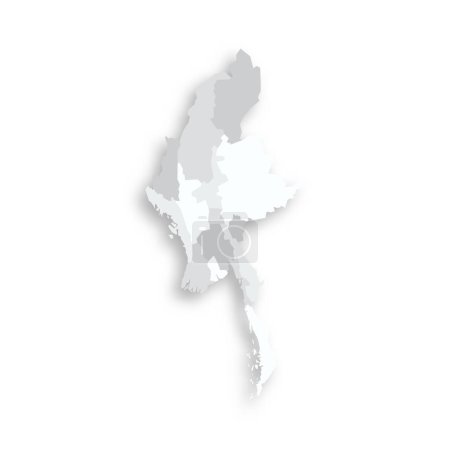 Myanmar political map of administrative divisions - states, regions and Naypyitaw Union Territory (en inglés). Gris mapa vectorial plano en blanco con sombra caída.