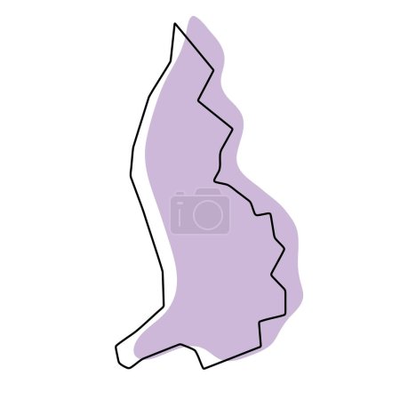 Liechtenstein Land vereinfachte Karte. Violette Silhouette mit dünnen schwarzen, glatten Konturen, isoliert auf weißem Hintergrund. Einfaches Vektorsymbol