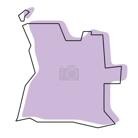 Angola Land vereinfachte Karte. Violette Silhouette mit dünnen schwarzen, glatten Konturen, isoliert auf weißem Hintergrund. Einfaches Vektorsymbol