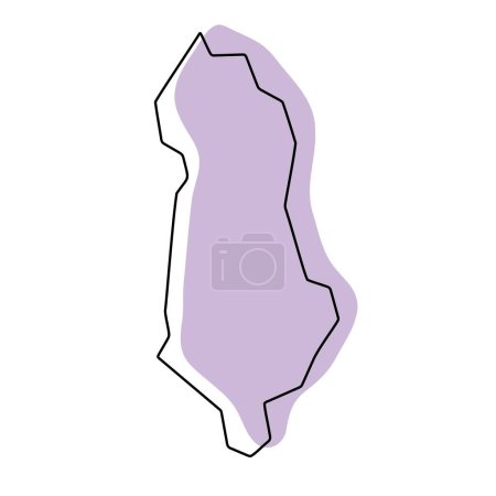 Albanien Land vereinfachte Karte. Violette Silhouette mit dünnen schwarzen, glatten Konturen, isoliert auf weißem Hintergrund. Einfaches Vektorsymbol