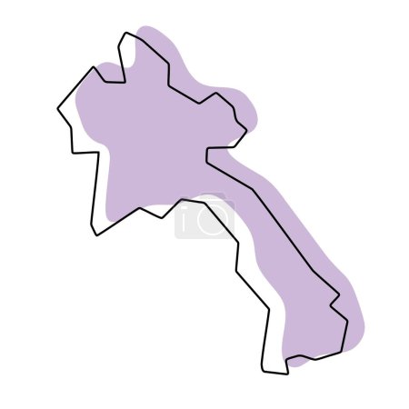 Laos Land vereinfachte Karte. Violette Silhouette mit dünnen schwarzen, glatten Konturen, isoliert auf weißem Hintergrund. Einfaches Vektorsymbol