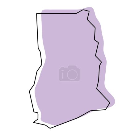 Carte simplifiée du Ghana. Silhouette violette avec contour lisse noir fin isolé sur fond blanc. Icône vectorielle simple