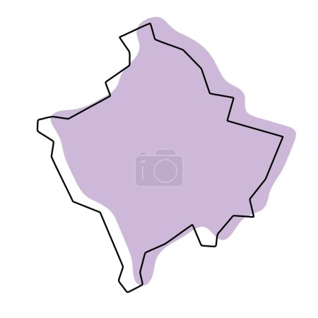 Carte simplifiée du Kosovo. Silhouette violette avec contour lisse noir fin isolé sur fond blanc. Icône vectorielle simple