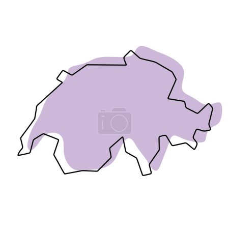 Schweiz vereinfachte Landkarte. Violette Silhouette mit dünnen schwarzen, glatten Konturen, isoliert auf weißem Hintergrund. Einfaches Vektorsymbol