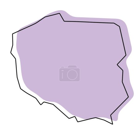 Polen Land vereinfachte Karte. Violette Silhouette mit dünnen schwarzen, glatten Konturen, isoliert auf weißem Hintergrund. Einfaches Vektorsymbol