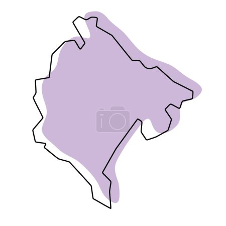 Montenegro Land vereinfachte Karte. Violette Silhouette mit dünnen schwarzen, glatten Konturen, isoliert auf weißem Hintergrund. Einfaches Vektorsymbol