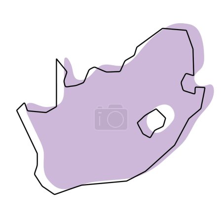 Südafrika vereinfachte Landkarte. Violette Silhouette mit dünnen schwarzen, glatten Konturen, isoliert auf weißem Hintergrund. Einfaches Vektorsymbol