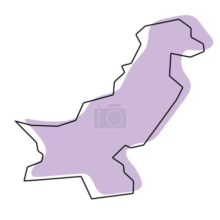 Pakistan Land vereinfachte Karte. Violette Silhouette mit dünnen schwarzen, glatten Konturen, isoliert auf weißem Hintergrund. Einfaches Vektorsymbol