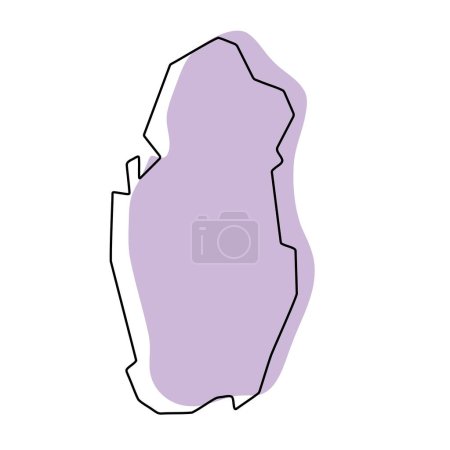 Katar Land vereinfachte Karte. Violette Silhouette mit dünnen schwarzen, glatten Konturen, isoliert auf weißem Hintergrund. Einfaches Vektorsymbol