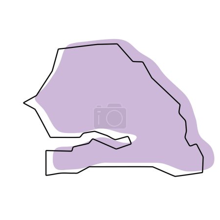 Carte simplifiée du Sénégal. Silhouette violette avec contour lisse noir fin isolé sur fond blanc. Icône vectorielle simple