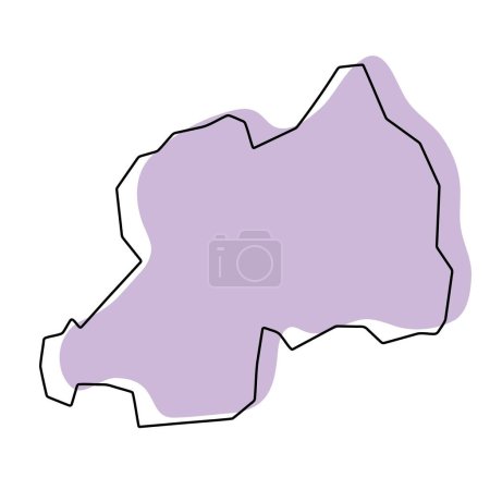 Ruanda Land vereinfachte Karte. Violette Silhouette mit dünnen schwarzen, glatten Konturen, isoliert auf weißem Hintergrund. Einfaches Vektorsymbol