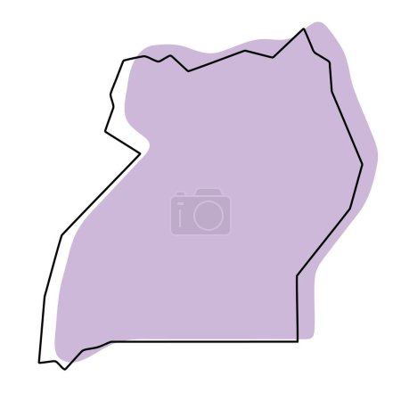 Uganda Land vereinfachte Karte. Violette Silhouette mit dünnen schwarzen, glatten Konturen, isoliert auf weißem Hintergrund. Einfaches Vektorsymbol