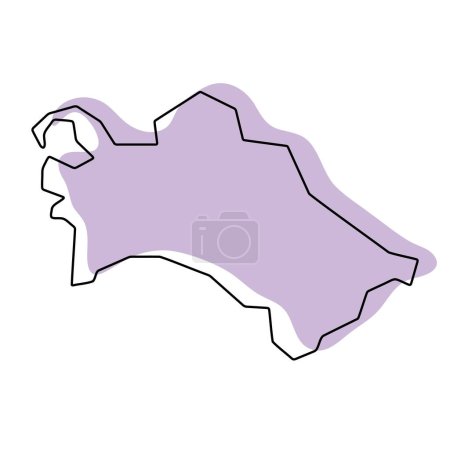 Turkmenistán país mapa simplificado. Silueta violeta con contorno fino liso negro aislado sobre fondo blanco. Icono de vector simple