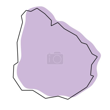 Uruguay Land vereinfachte Karte. Violette Silhouette mit dünnen schwarzen, glatten Konturen, isoliert auf weißem Hintergrund. Einfaches Vektorsymbol