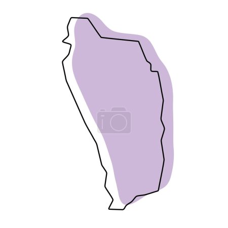 Dominica Land vereinfachte Karte. Violette Silhouette mit dünnen schwarzen, glatten Konturen, isoliert auf weißem Hintergrund. Einfaches Vektorsymbol