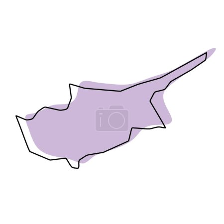 Zypern Land vereinfachte Karte. Violette Silhouette mit dünnen schwarzen, glatten Konturen, isoliert auf weißem Hintergrund. Einfaches Vektorsymbol