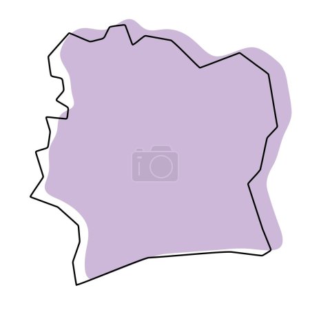 Carte simplifiée du pays Côte d'Ivoire. Silhouette violette avec contour lisse noir fin isolé sur fond blanc. Icône vectorielle simple