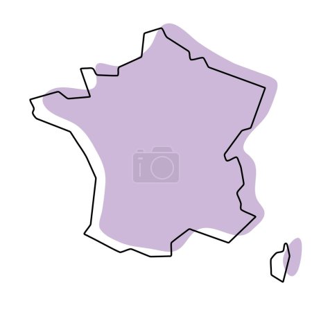 Frankreich vereinfachte Landkarte. Violette Silhouette mit dünnen schwarzen, glatten Konturen, isoliert auf weißem Hintergrund. Einfaches Vektorsymbol