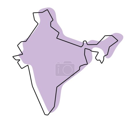 Indien Land vereinfachte Karte. Violette Silhouette mit dünnen schwarzen, glatten Konturen, isoliert auf weißem Hintergrund. Einfaches Vektorsymbol