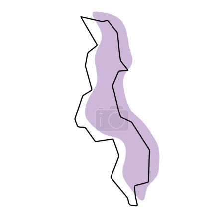 Malawi Land vereinfachte Karte. Violette Silhouette mit dünnen schwarzen, glatten Konturen, isoliert auf weißem Hintergrund. Einfaches Vektorsymbol
