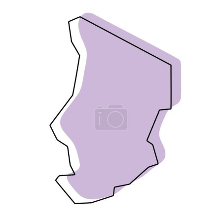 Tschad-Land vereinfachte Karte. Violette Silhouette mit dünnen schwarzen, glatten Konturen, isoliert auf weißem Hintergrund. Einfaches Vektorsymbol