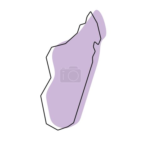 Madagascar país mapa simplificado. Silueta violeta con contorno fino liso negro aislado sobre fondo blanco. Icono de vector simple