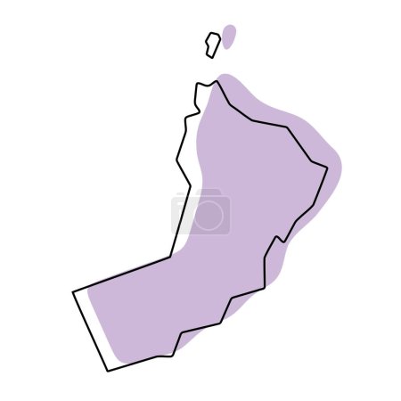 Oman pays carte simplifiée. Silhouette violette avec contour lisse noir fin isolé sur fond blanc. Icône vectorielle simple