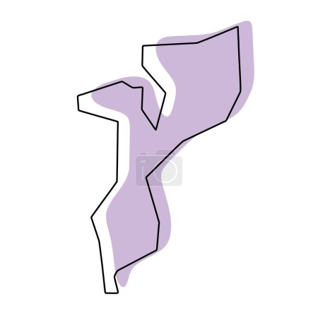 Carte simplifiée du Mozambique. Silhouette violette avec contour lisse noir fin isolé sur fond blanc. Icône vectorielle simple