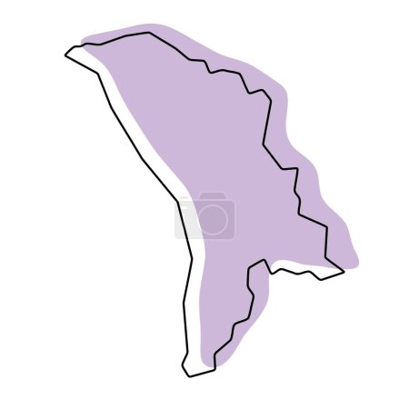 Moldavie carte simplifiée. Silhouette violette avec contour lisse noir fin isolé sur fond blanc. Icône vectorielle simple