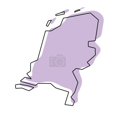 Netherlands country simplified map. Violet silhouette with thin black smooth contour outline isolated on white background. Simple vector icon
